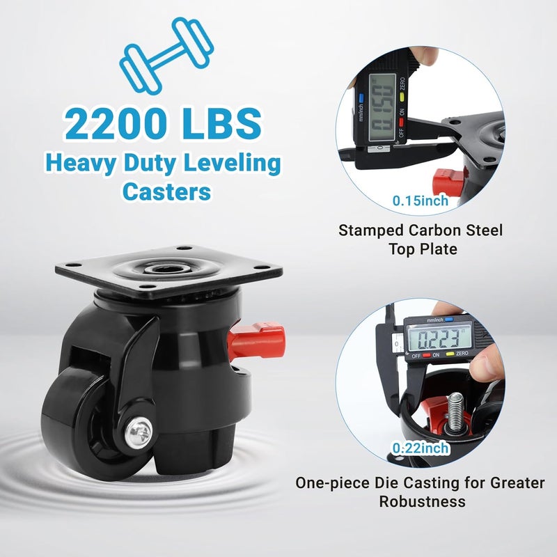 Nefish Heavy Duty Leveling Machine Casters 2200 LBS, Upgraded Ratchet Arm Design Leveling Retractable Castors Set of 4, Aluminum Base & Industrial Grade Rubber Workbench Caster for Industrial, Machine - Image 2